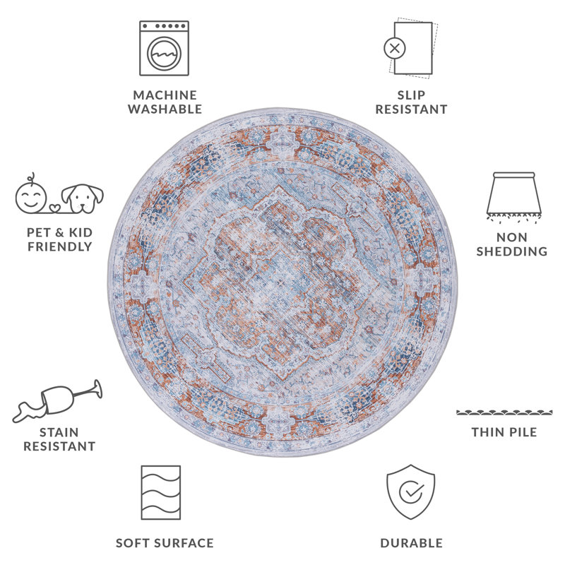 Tapis oriental beige / gris / bleu clair, Rond 6 pi