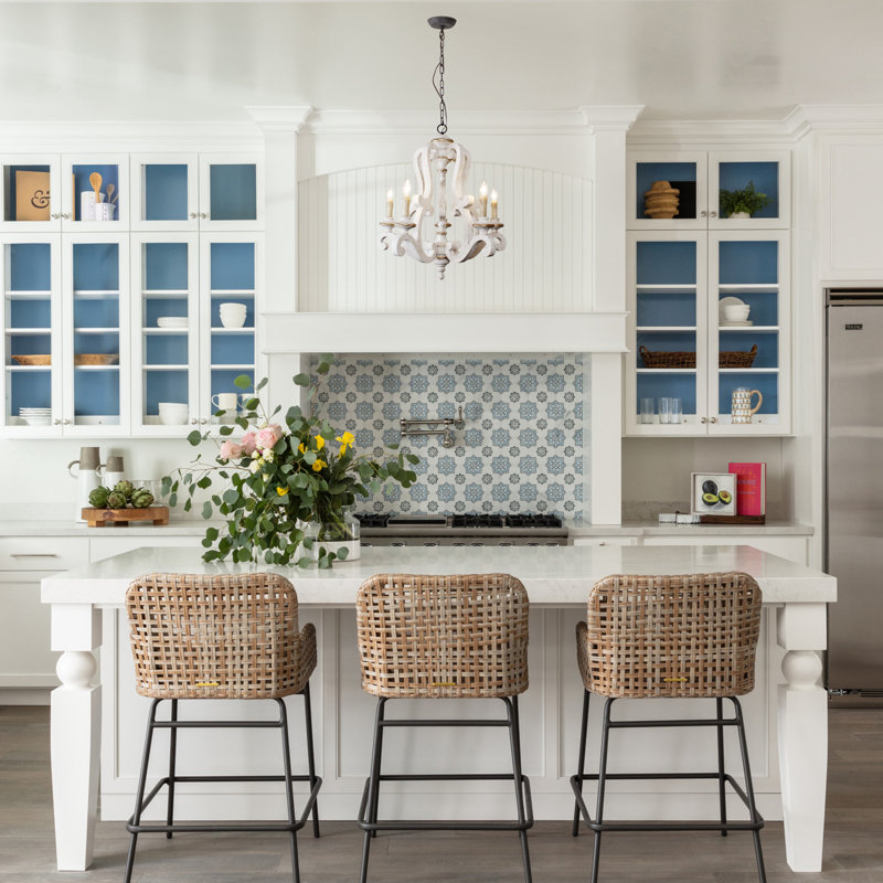 Farmhouse 5-Light Candle Style Empire Wood Accents Chandelier, Distressed White