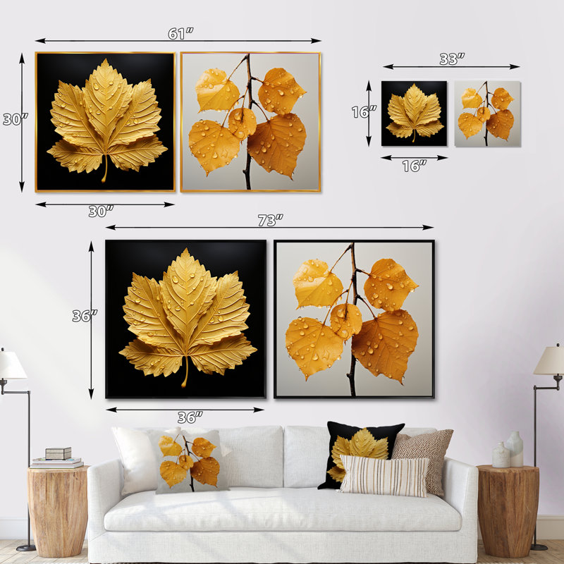 Harmony in Honey Folage - Ensemble de 2 feuilles carrées, Cadre flottant noir, H 16 po x l 33 po