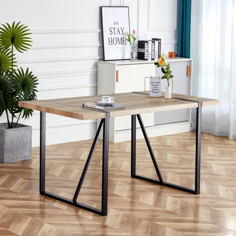 Rustic Industrial Rectangular Wood Dining Table For Person, With X "W, 30"H x 55"L x 35.4"W, Oak Top / Black Base