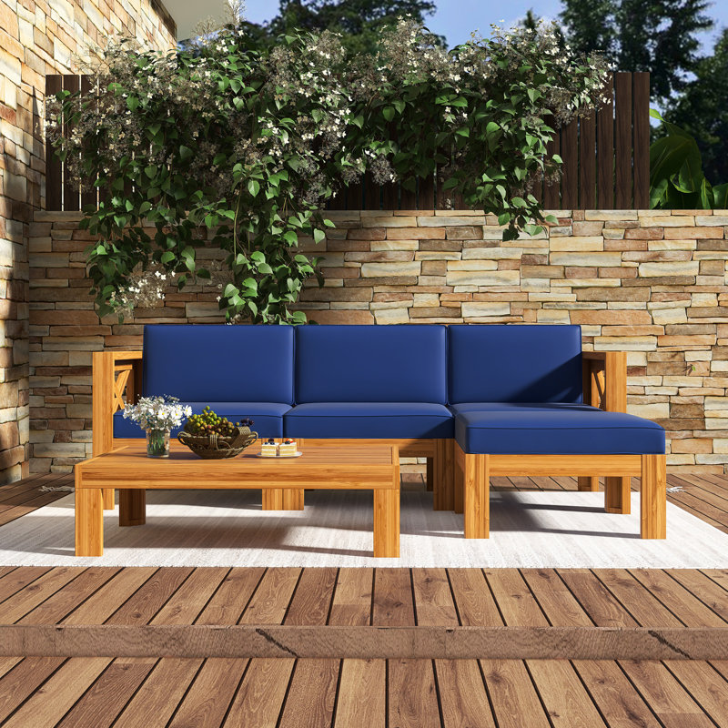 Ensemble de conversation pour canapé d'extérieur 5 pièces avec coussins Sectiona, Coussin bleu / cadre naturel