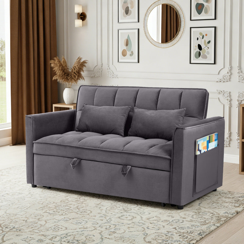 3-in-1 Convertible Velvet Sleeper Loveseat Sofa Bed, Pull Out Couch with Adjustable Backrest, Throw Pillows & Side Storage Pockets for Living Room Bedroom Apartment