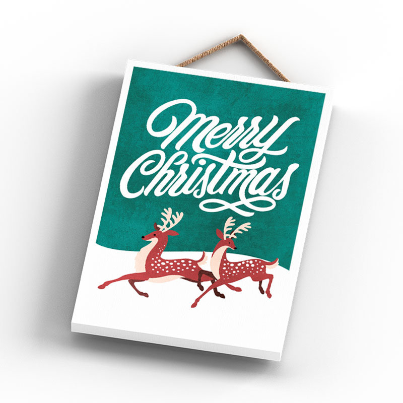 Xmas Merry Christmas Reindeer Wooden Plaque, 18.5cm H x 12cm W x 0.9cm D