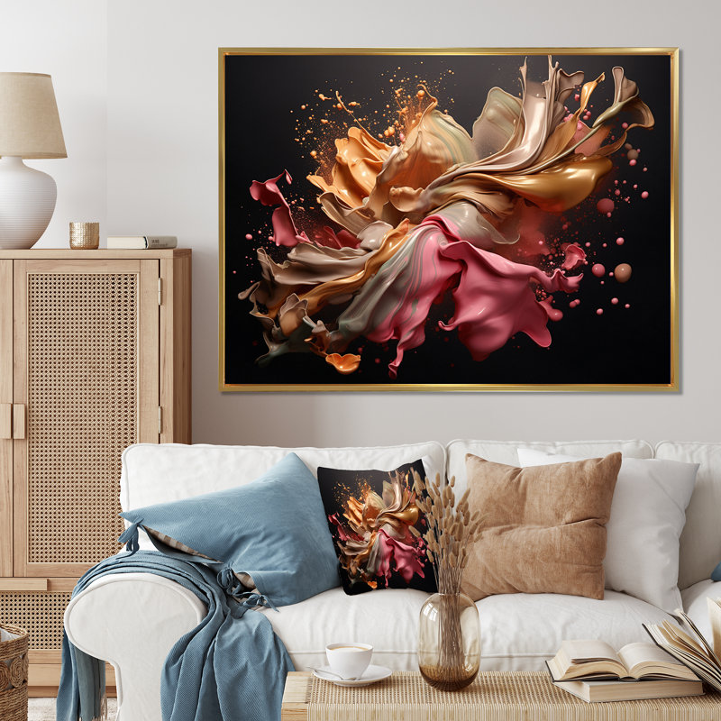 «Sudden Joy Abstract» rose et or Splash I - impression, Cadre flottant noir, H 24 po x l 32 po x P 1 po