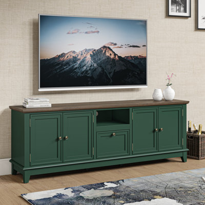 Meuble télé 78 po Farmhouse, console multimédia bicolore verte avec armoires de rangement, tiroir et découpe pour câbles