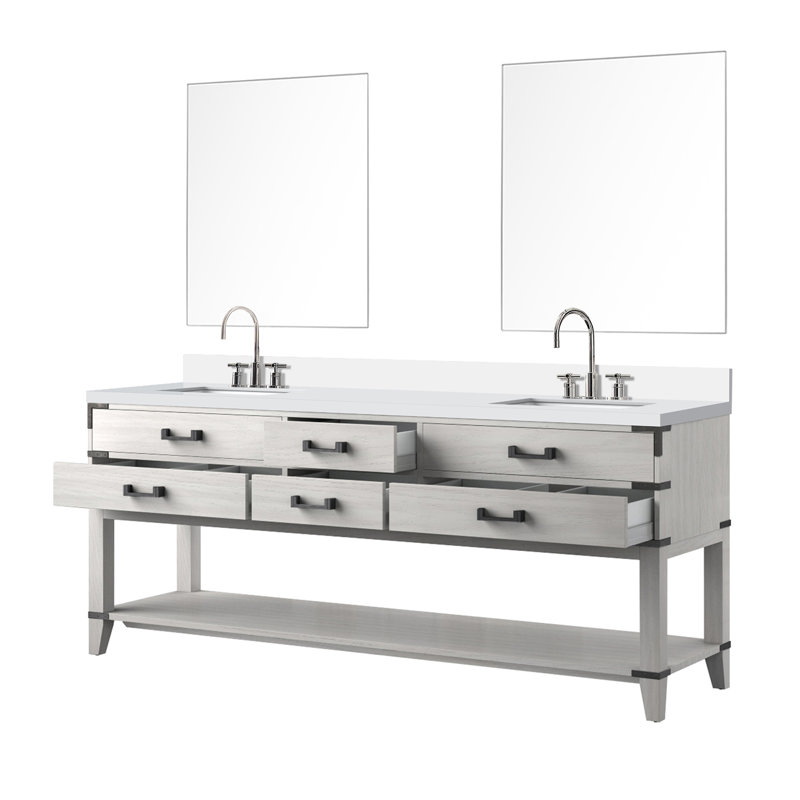 Meuble-lavabo double en chêne blanc 80 po X P 22 po D, dessus en marbre de Carrare, ensemble de robinet et Miroirs