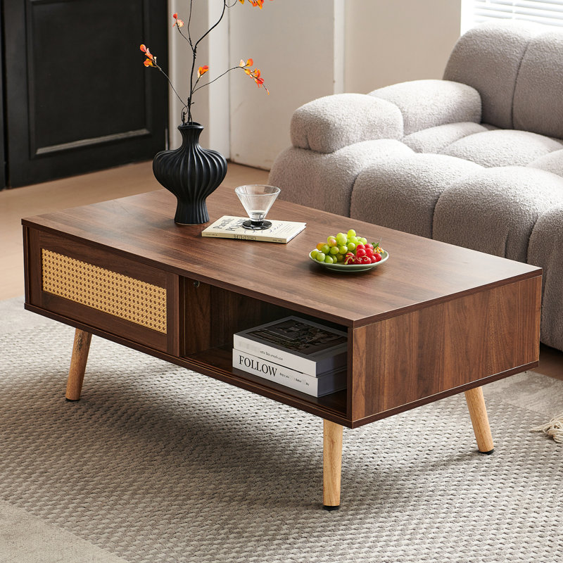 Walnut Color Pe Coffee Table With Sliding Door For Storage, Solid Wood Legs, Modern Aesthetic, 41.41"L X 21.38"W 16.02H, 220Lbs Load - Bearing, Simple Assembly Table, Color, Structure, Capacity,