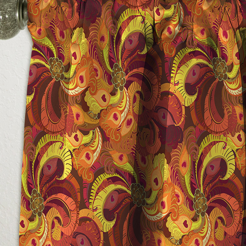 Magnifique panneau de rideau occultant bohémien à motif de plumes de paon orange et rouge, L 52 po x L 84 po