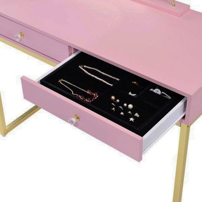 2 Drawers Vanity Desk With Mirror And Jewelry Tray, Pink And Gold