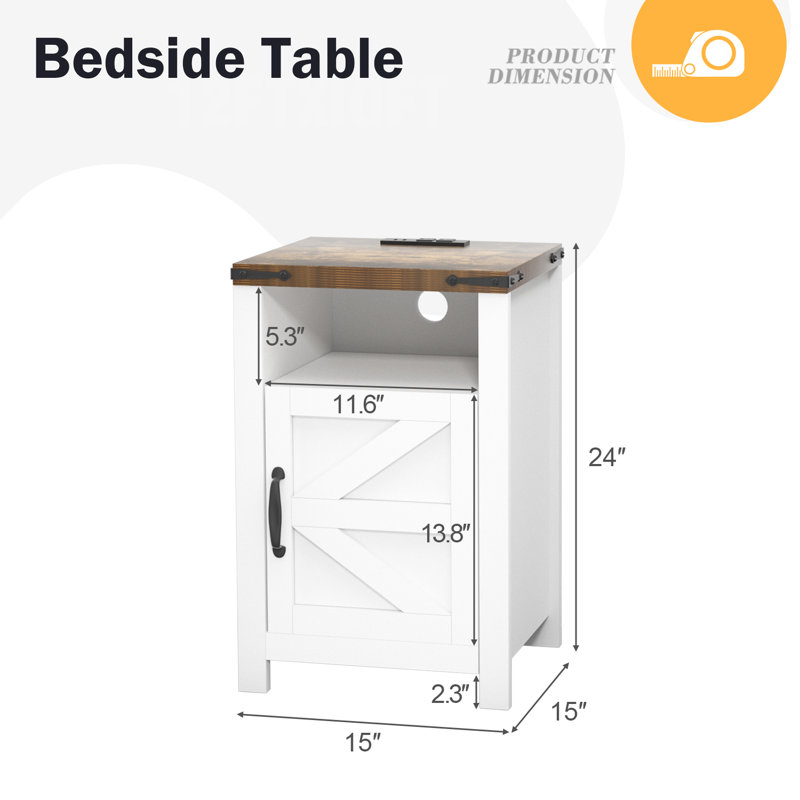 Tables de chevet en bois avec station de charge et tables de chevet avec porte de grange, Blanc