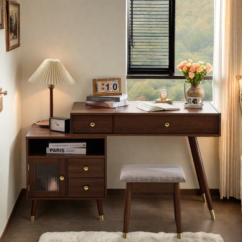 Bureau de coiffeuse 3-en-1 avec miroir basculant éclairé, armoire réglable, tiroirs et tabouret, Noyer