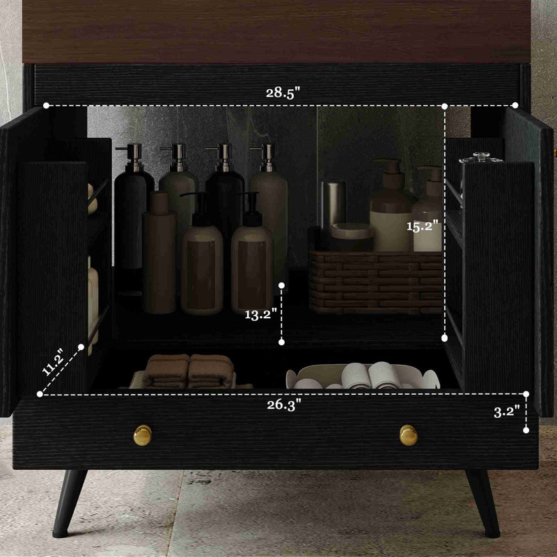 Meuble-lavabo autoportant Mid-Century, Noir, Noyer