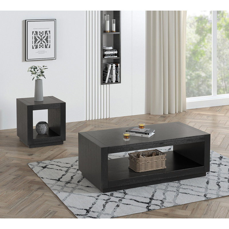 Table basse rectangulaire de style contemporain avec socle et tablette inférieure ouverte au fini noir