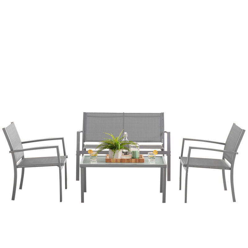 Athalie 4-Person Cooling PVC-coated polyester & Metal Outdoor Patio Seating Set with Loveseat, Chairs, and Glass-Top Table