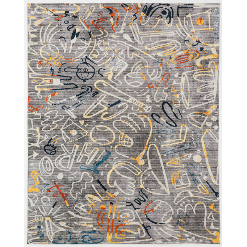 Sportsglyphs Grey Tones Baseball Power Loom Polyester Area Rug, Square 8'