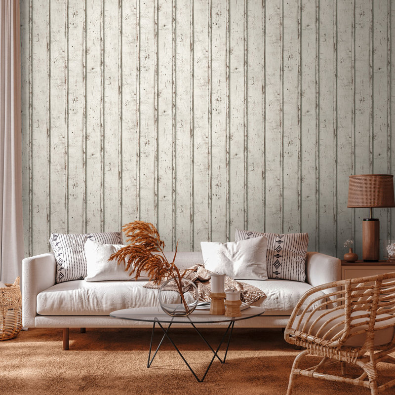 Woods and Wicker Collection Whitewash Dual Stripe Wood Effect Wallpaper Roll