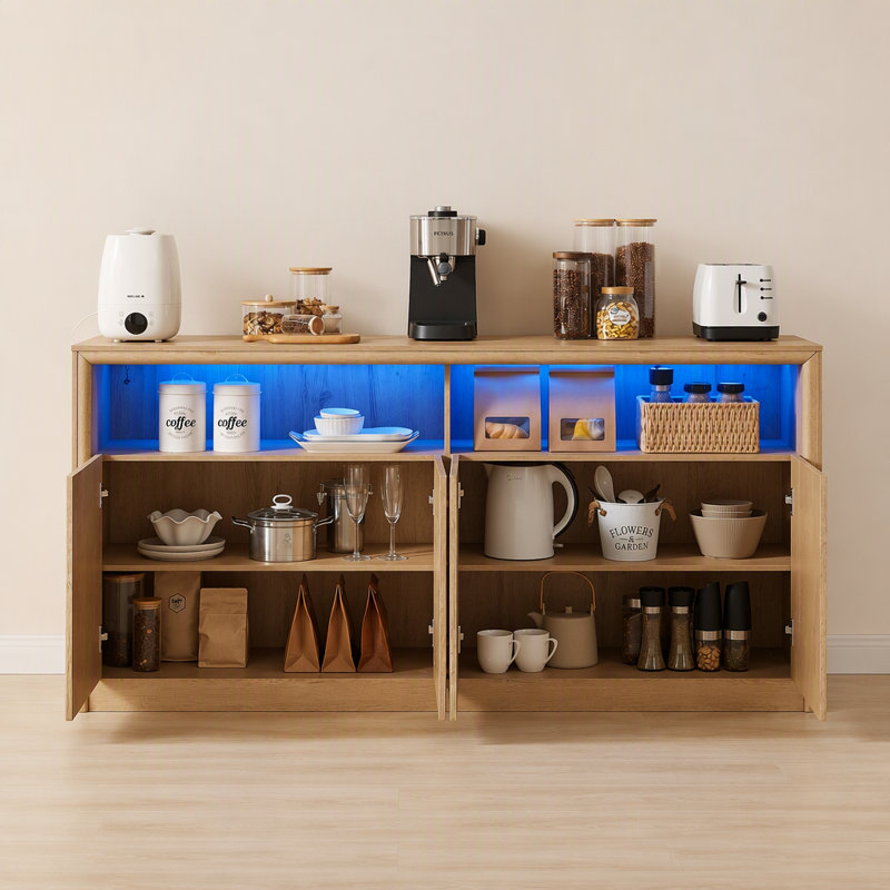 Buffet moderne en bois avec éclairage à DEL et prises de courant modernes pour un rangement polyvalent, Walnut