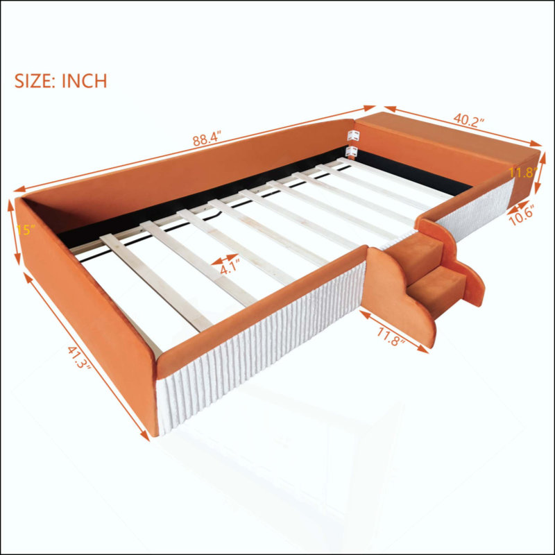Velvet Upholstered Daybed With Stairs & Gas Lift Storage Ottoman, Contrast Color, Padded Guardrails, Brown/White, Twin