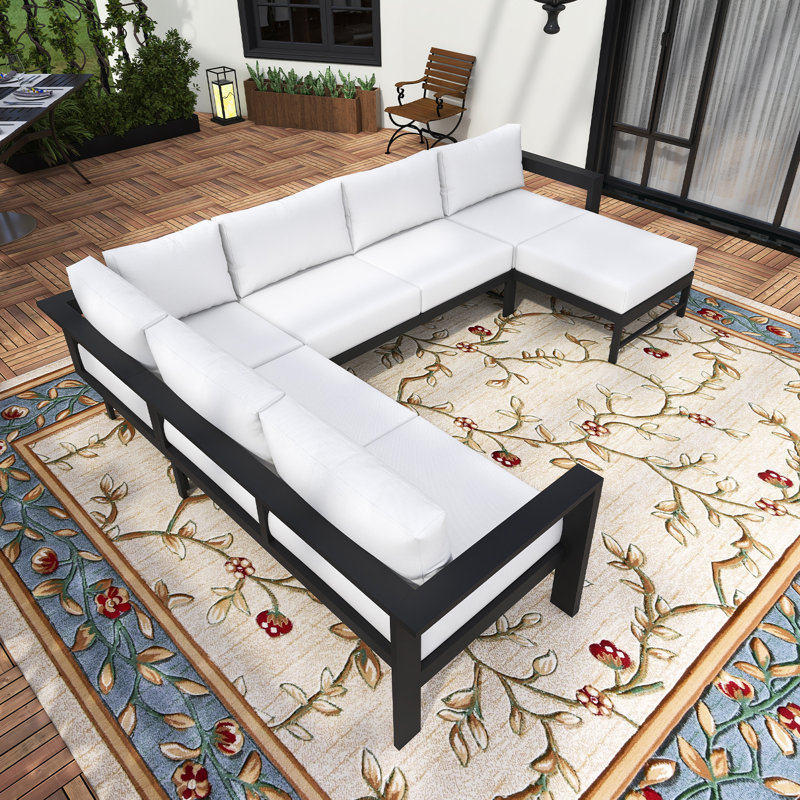 6 Seats U-Shaped Aluminum Outdoor Sectional Sofa With Cushions, White