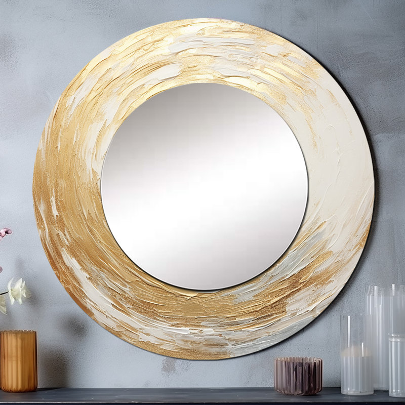 Ronalda Gold And White Soft Wave Vortex - Abstract Spirals Large Mirror, Beige Round Unique Wall Mirror Decor, Printed Metal Art
