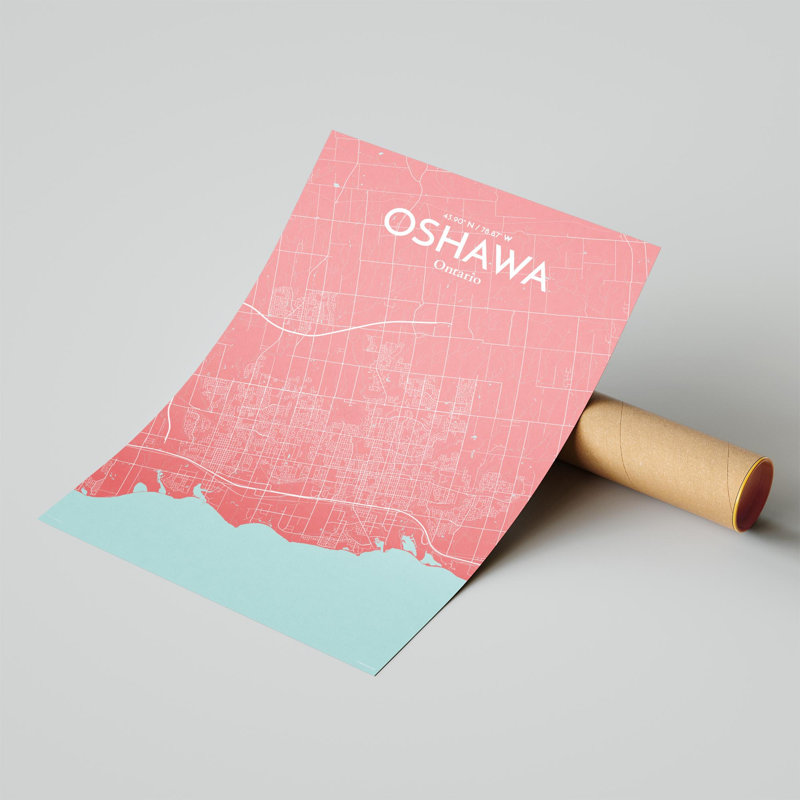 " Oshawa Canada City Map ", 17" H x 11" W, Pink/Baby Blue