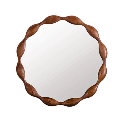 32.28" Solid Wood Round Mirror, Rustic Farmhouse Wavy Irregular Decorative Wall Mirror - Walnut, Large Circle Wood Frame Mirror For Living Room, Hallw