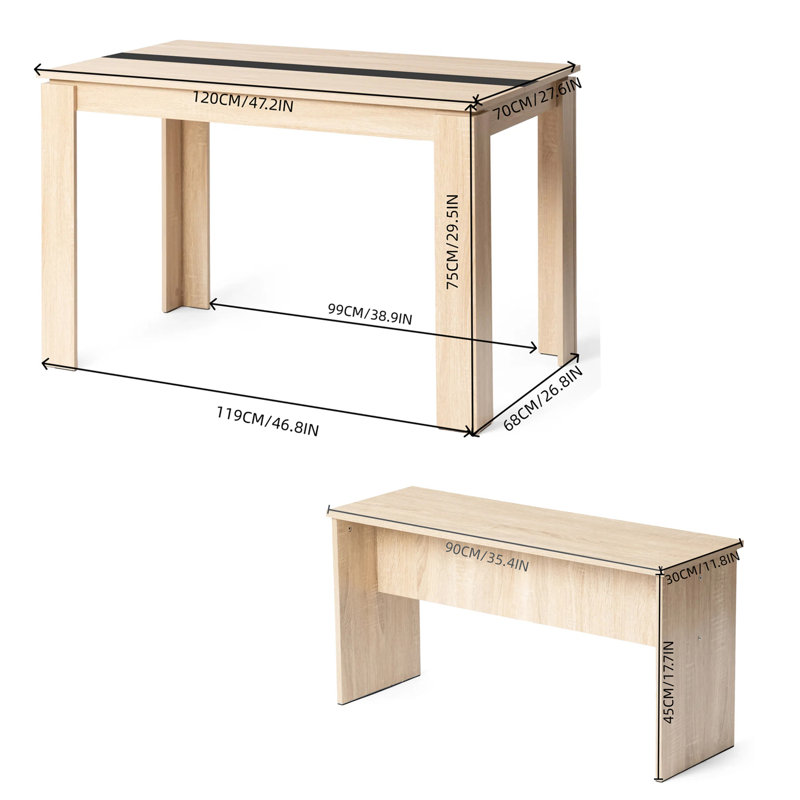 Space-Saving Wood Dining Table Set For 4, Dining Table Set With 2 Benches, Oak/Black, Oak, 29.50”H x 47.20”L x 27.60”W
