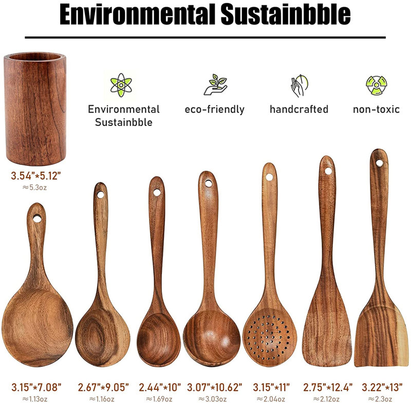 Ensemble de 8 cuillères à cuisson en bois avec pot à ustensiles 8 pièces