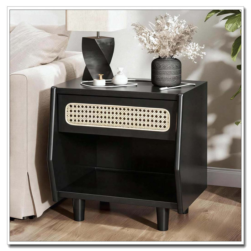 Table de chevet avec détails en rotin, Noir