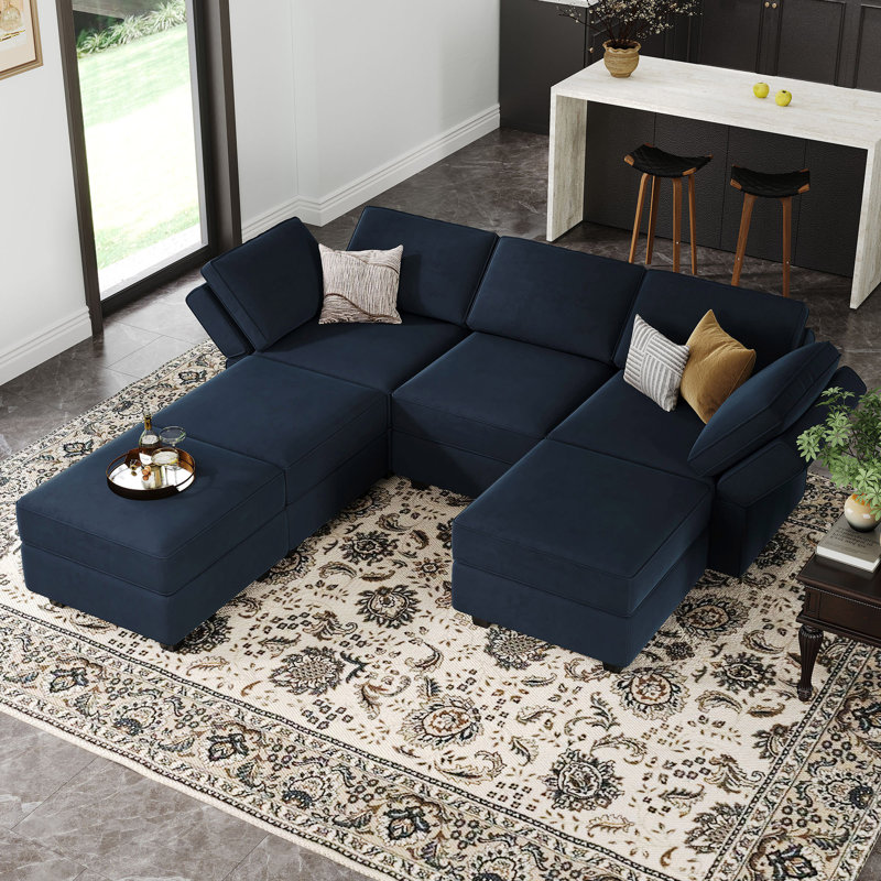 Teangela Velvet Sectional Sofa Living Room Couch Apartment Storage Modular Sofa Bed, Blue Velvet