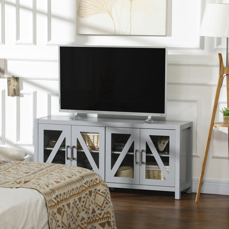 Meuble télé pour téléviseur de 58 po gris avec 4 portes vitrées et tablettes intérieures réglables