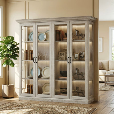 Vitrine de 174 cm de large avec éclairage DEL chaud, portes en verre trempé et 8 tablettes