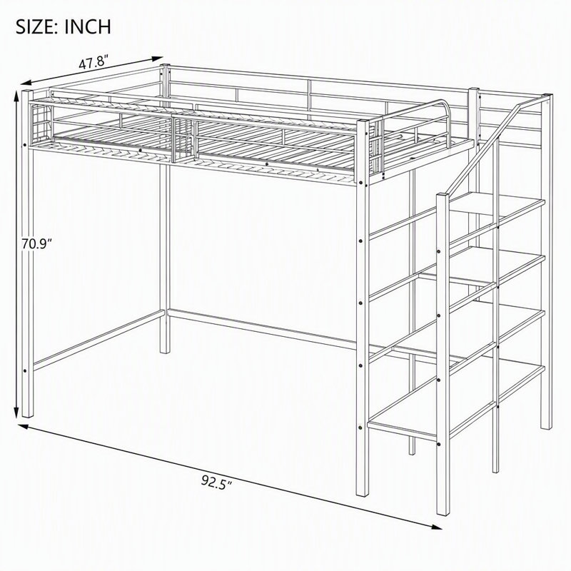 Structure de lit mezzanine en métal avec tablette de rangement à grille supérieure et échelle de rangement latérale à 4 niveaux, lit surélevé contemporain peu encombrant pour la chambre à coucher