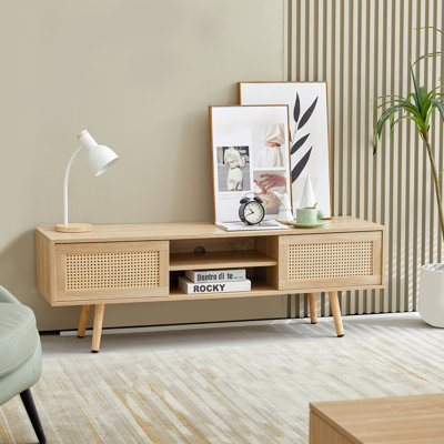 Meuble télé naturel de 55,06 po de long avec pieds en bois massif, portes coulissantes doubles et tablette réglable pour console de salon, portes, espace