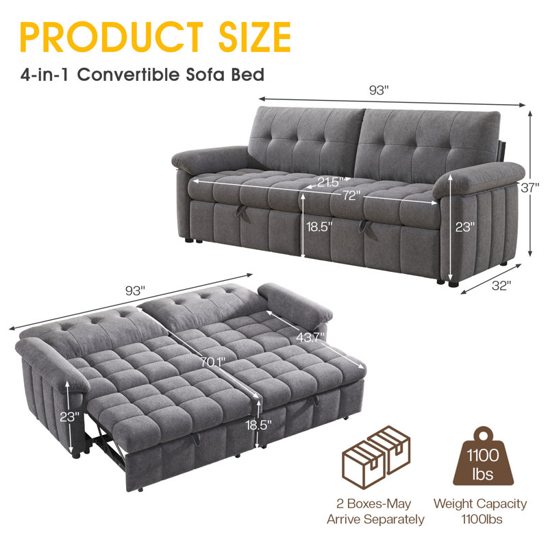 93'' Wide Chenille Tufted Convertible Sofa Bed with Pull-Out Sleeper and 5-Position Adjustable Backrest, Gray