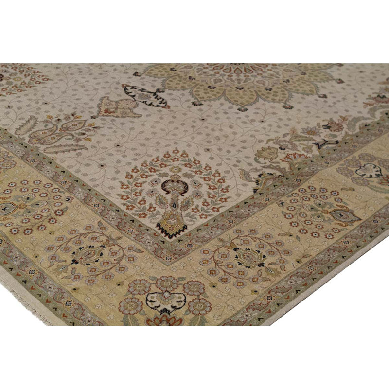 Tapis beige / gris / bleu clair en laine noué à la main de conception unique 9 pi 1 po x 12 pi 1 po