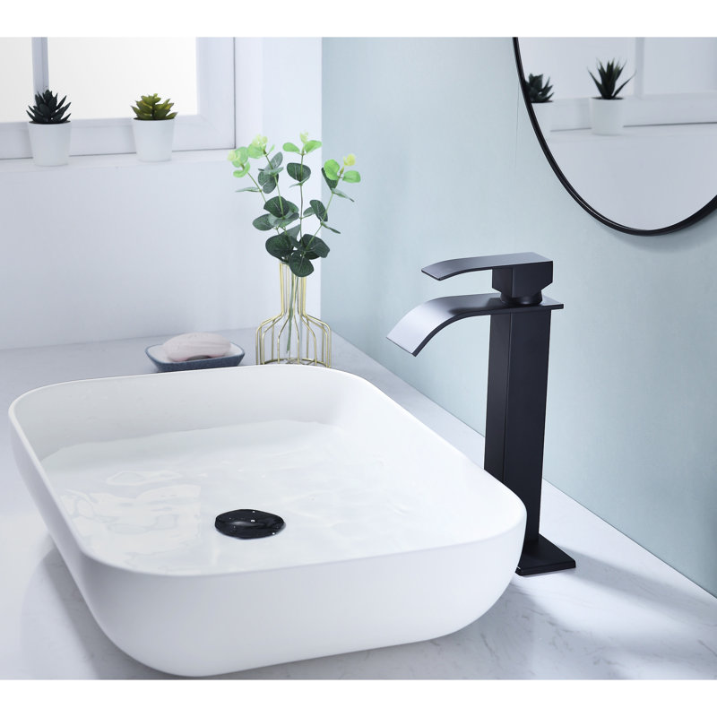 Robinet de meuble-lavabo de salle de bain avec bec cascade, poignée simple en noir mat, fabriqué en acier inoxydable pour une température d'eau optimale, fabriqué