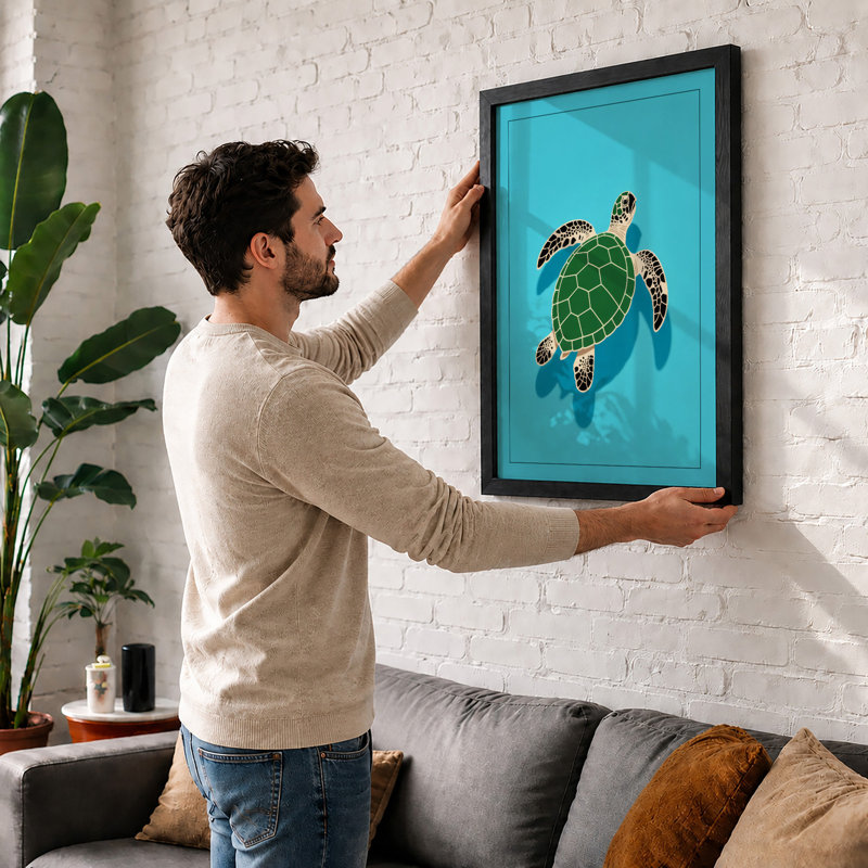 Turtle in Open Water Coastal - Framed Print, A1 - 84.1 x 59.4 cm, White