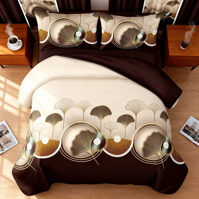 Queen Size Comforter Set 9 Pieces, All Season Luxury Bed in a Bag for Bedroom, With Matching Curtains, Soft Microfiber, Ginkgo Leaf