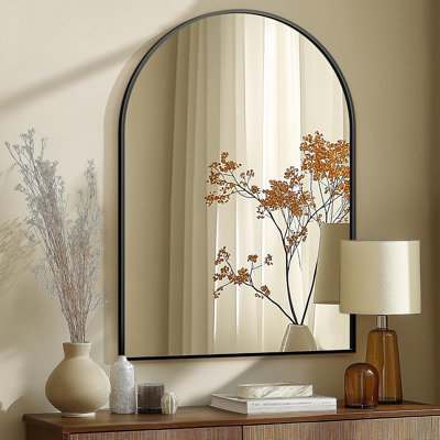 Miroir mural arqué 40 po x 28 po pour salle de bain - Miroir de courtoisie moderne avec cadre en aluminium noir mat et verre incassable haute définition pour salle de bain, chambre et salon