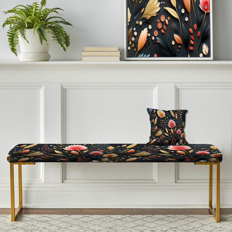 Banc floral rembourré or, Espièglerie à plumes florales jaunes et rouges