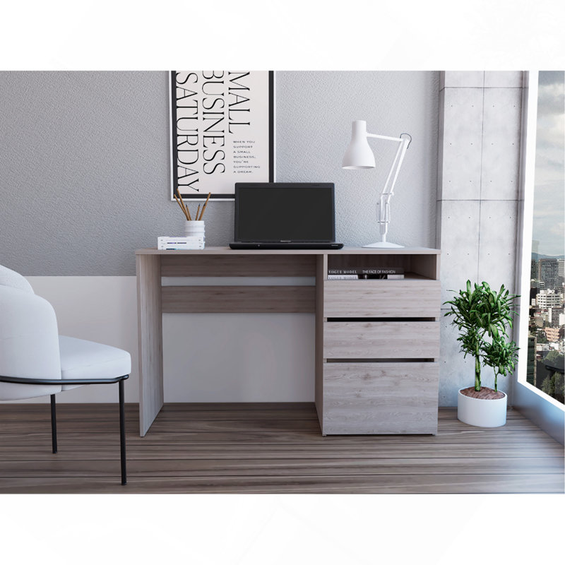 Bureau d'ordinateur, 3 tiroirs, une tablette, gris clair