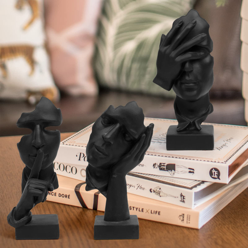 3 pièces Statue de penseur, Silence is Gold, figurine d'art abstrait, No Hear No See No Speak Modern Home, sculptures en résine, objets décoratifs