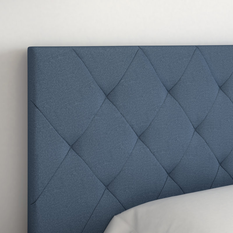 Full Blue Linen Upholstered Platform Bed with Tufted Headboard