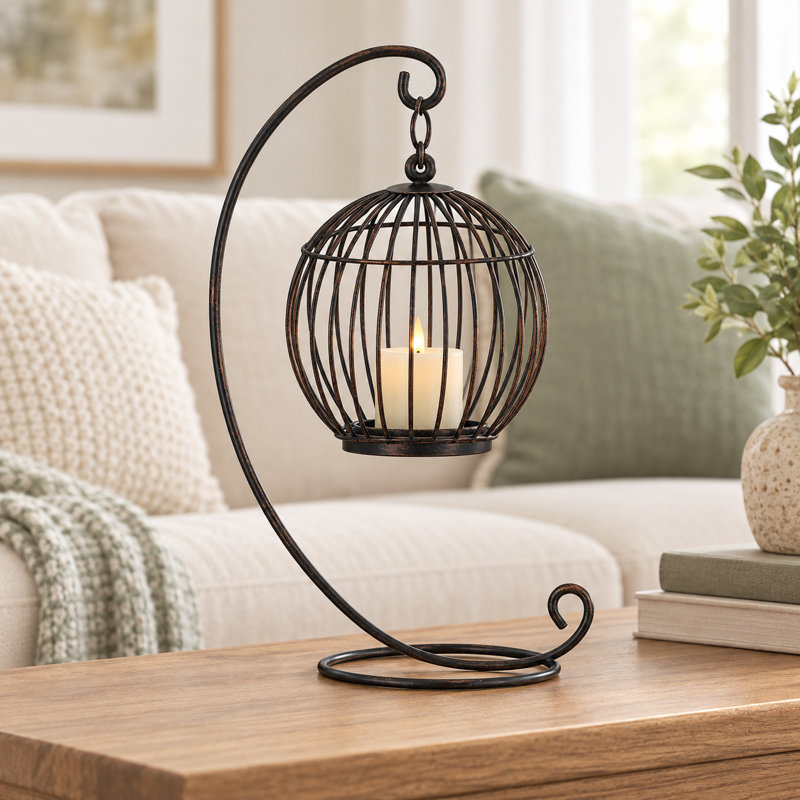 11" H Metal Candle Lantern, Decorative Candle Holder for Indoor Outdoor Tabletop Mantel, Bronze
