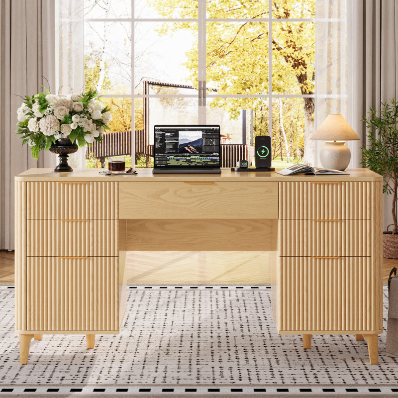 55.1" Fluted Executive Desk With Drawers, Home Office Desk With Charging Station, Natural