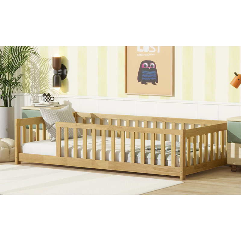 Twin Size Floor Bed With Fence Without Door, Rubber Wood Floor Bed With Safety Guardrails,Natural, Twin