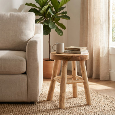 Modern Round Teak Wood and Suar Wood Backless Stool for Living Room Home Decor - Small Accent Vanity Foot Storage for Reading Nook - 18", Brown & Tan
