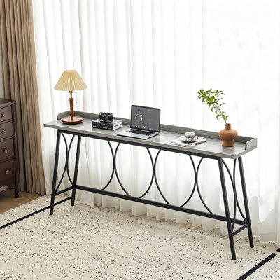 82.3 in. Industrial Farmhouse Narrow Counter Height Bar Table with Black Metal Frame & Footrest