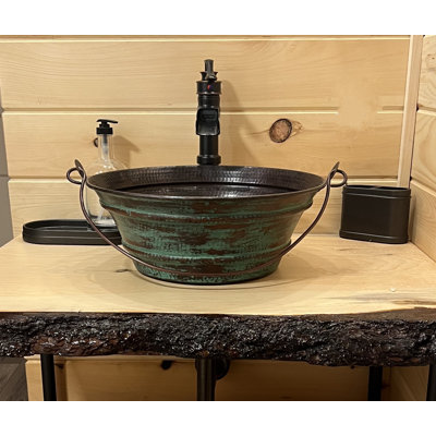 Lavabo vasque rond en cuivre 15 "avec patine verte, drain en marguerite inclus